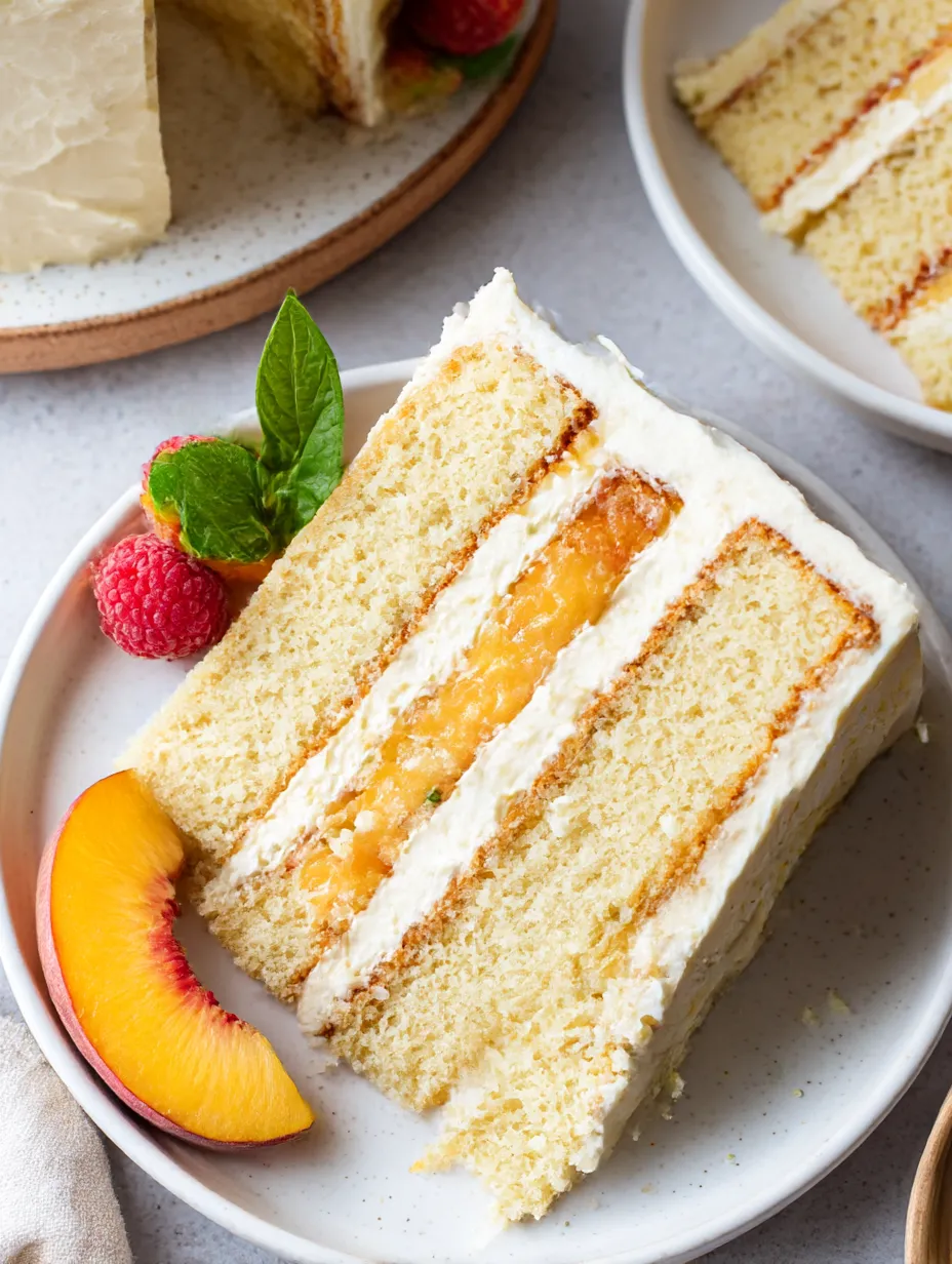 A slice of cake with peaches and cream.