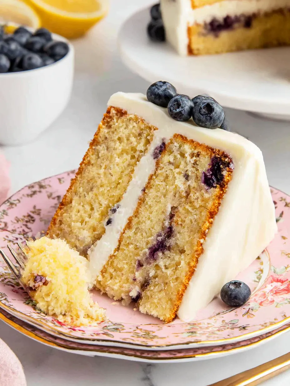 A slice of lemon blueberry cake on a plate.