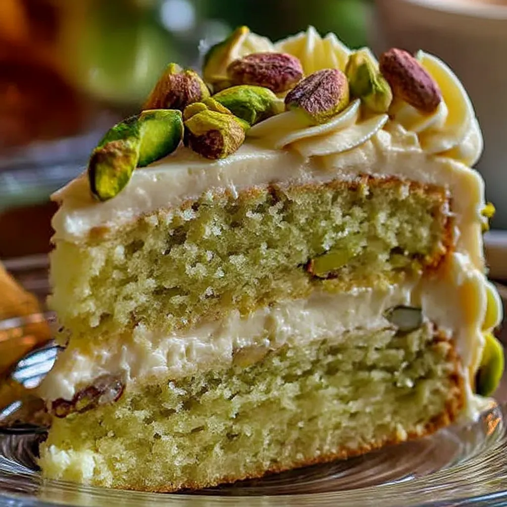 A slice of pistachio cake on a plate.
