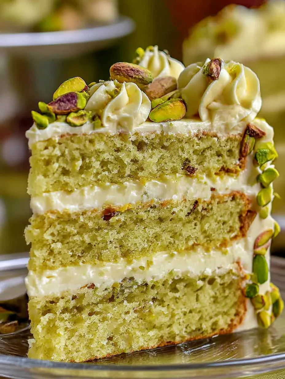 A slice of a creamy pistachio cake.