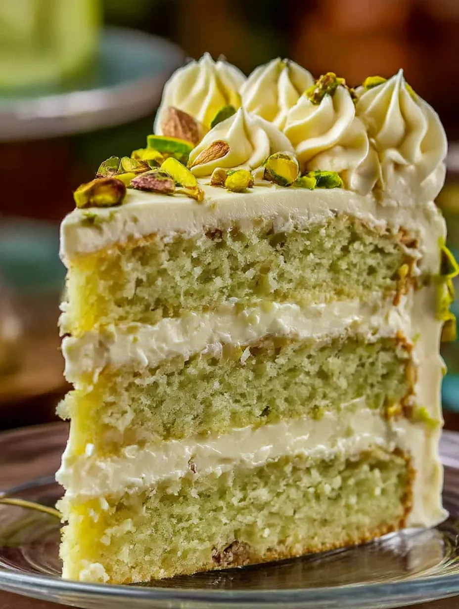 A slice of a creamy pistachio cake.