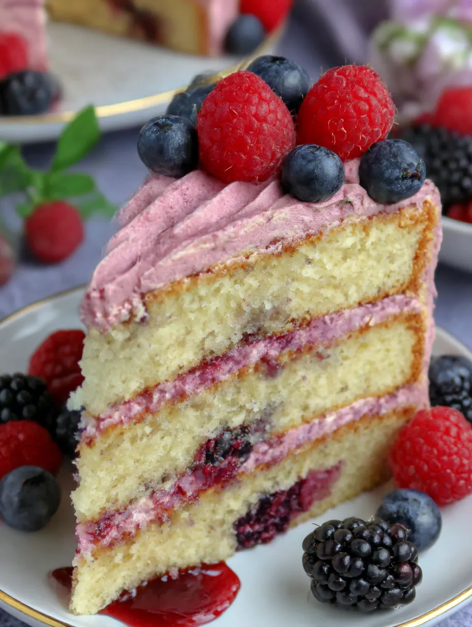 A slice of cake with raspberries and blueberries on top.