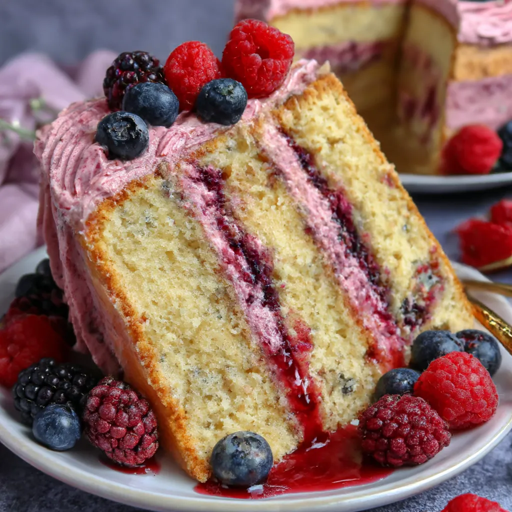 A slice of cake with raspberries and blueberries on top.