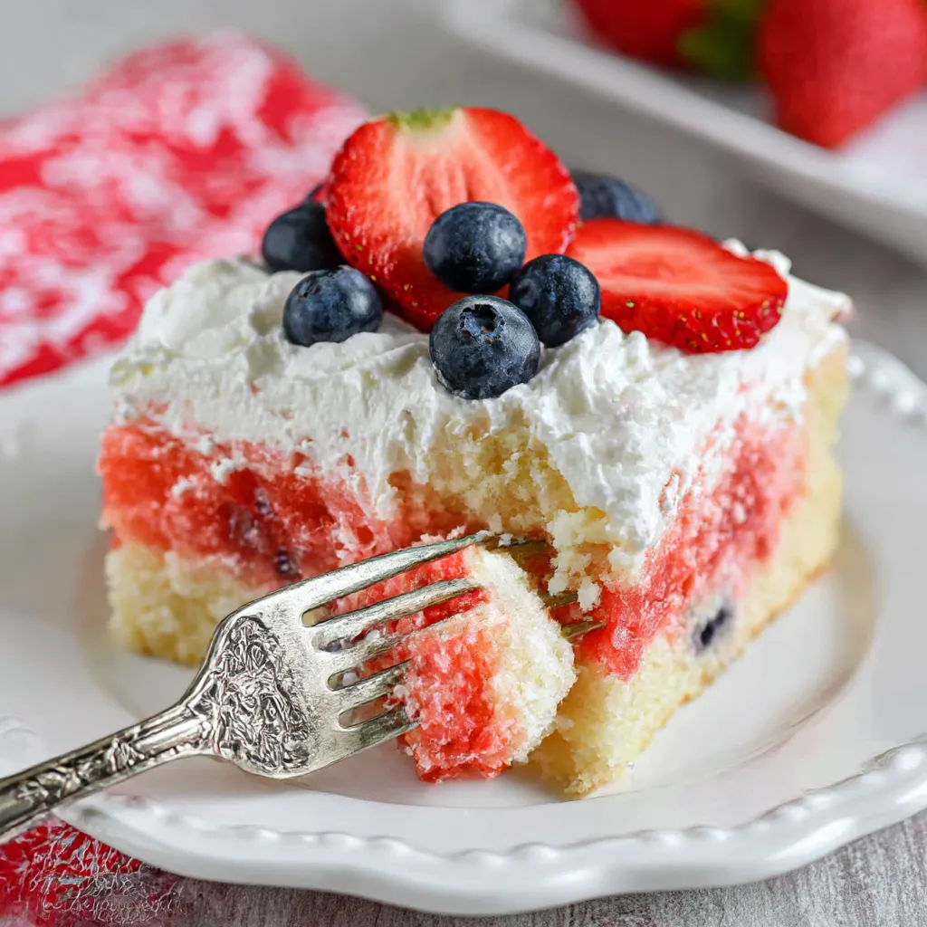A slice of red, white and blue cake.