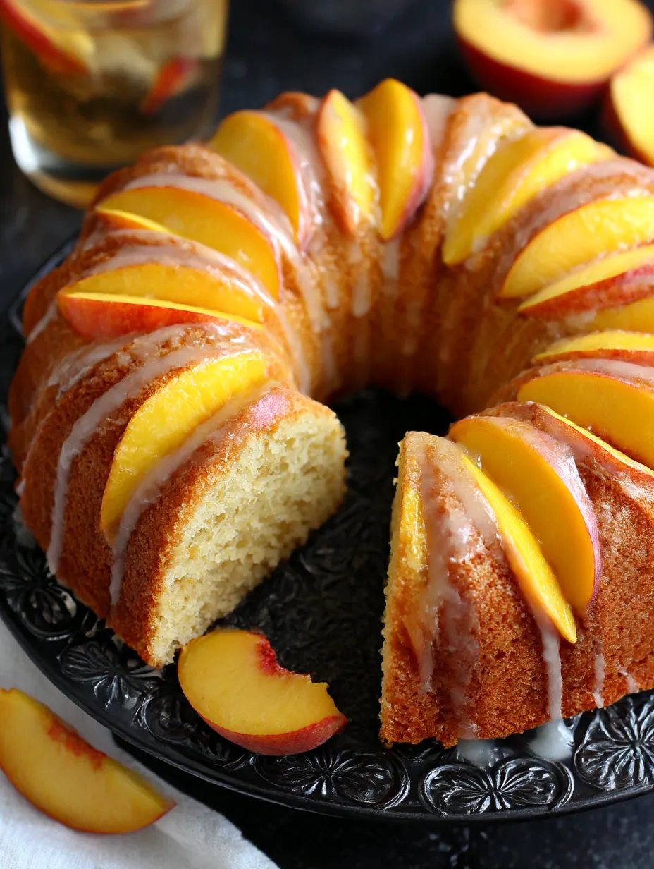 A peach buttermilk pound cake is displayed on a plate.