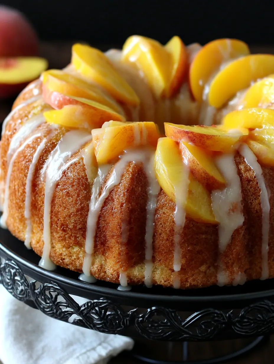 A peach buttermilk pound cake is ready to be eaten.