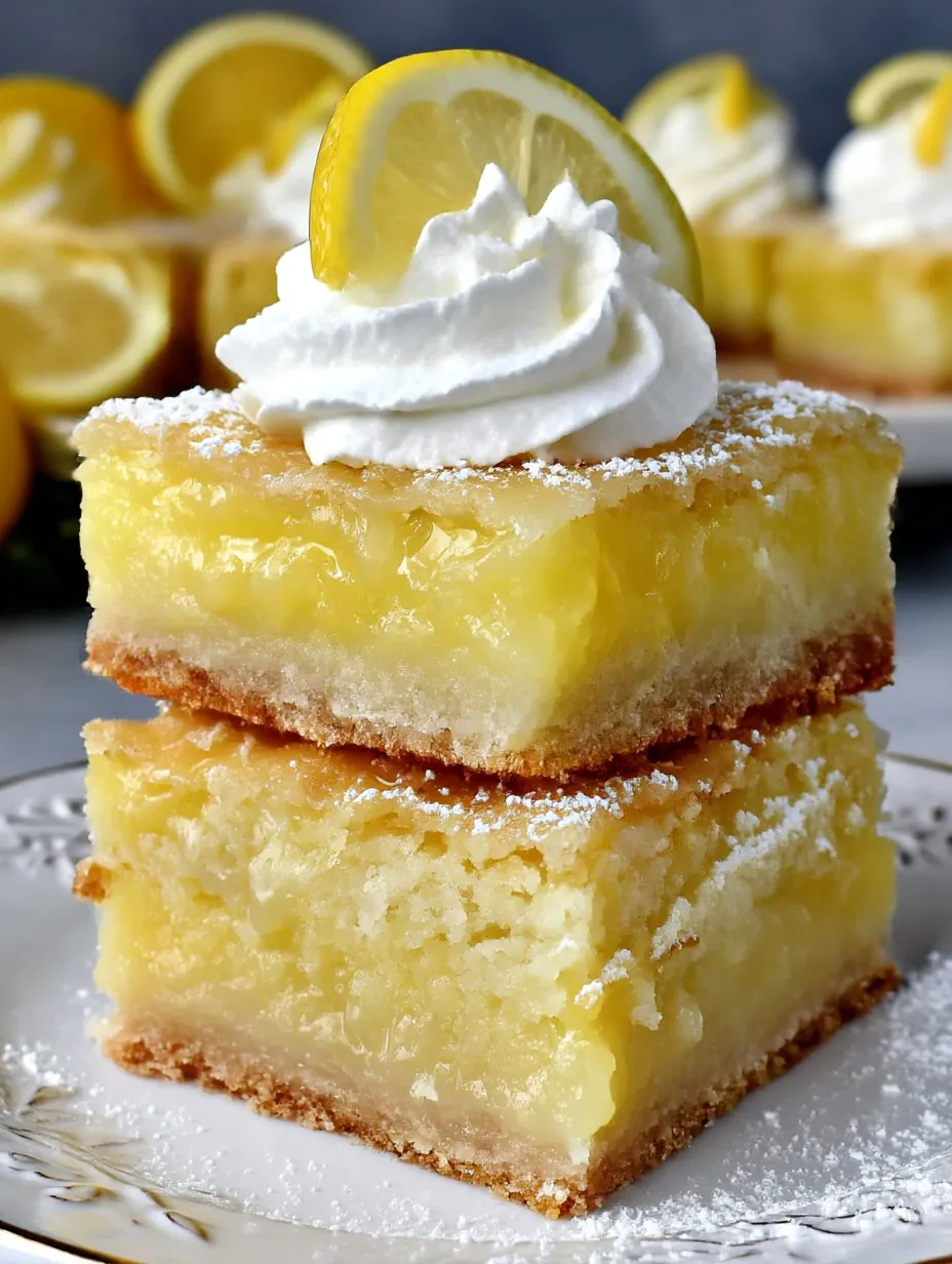 A slice of lemon dump cake with white whipped cream on top.