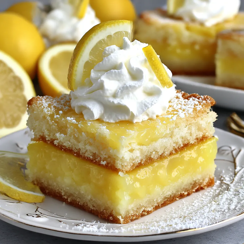 A slice of lemon cake with whipped cream on top.