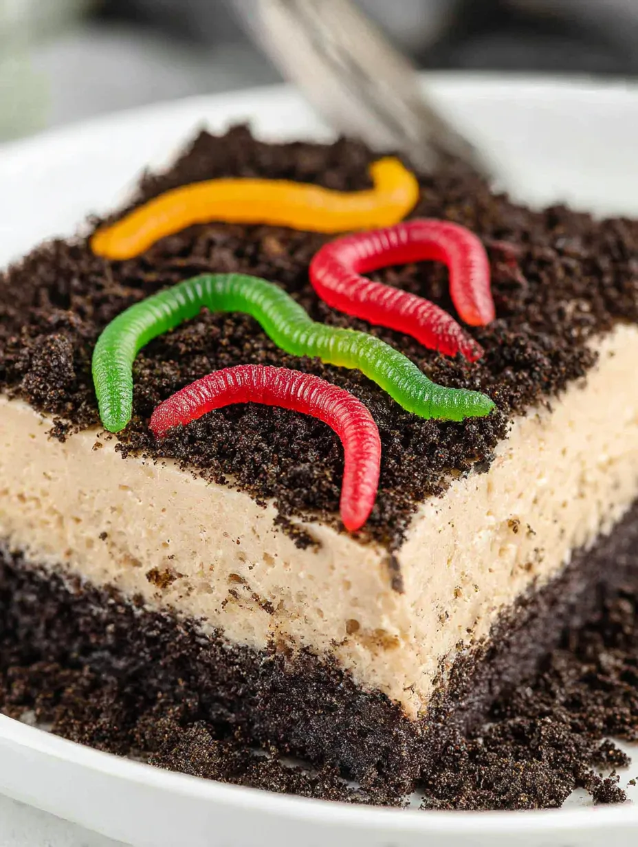 A piece of cake with a green and red worm on top.