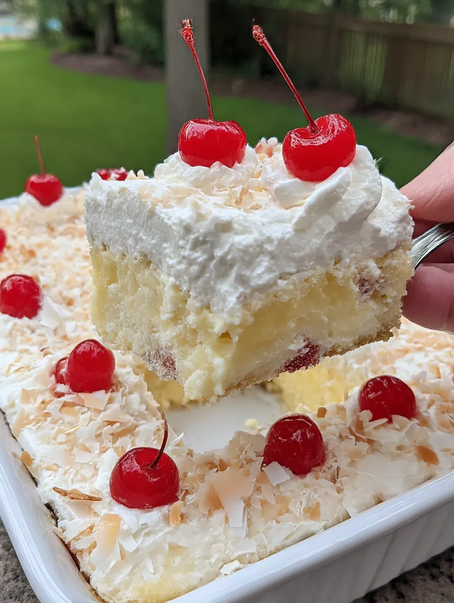 A slice of a pina colada poke cake.