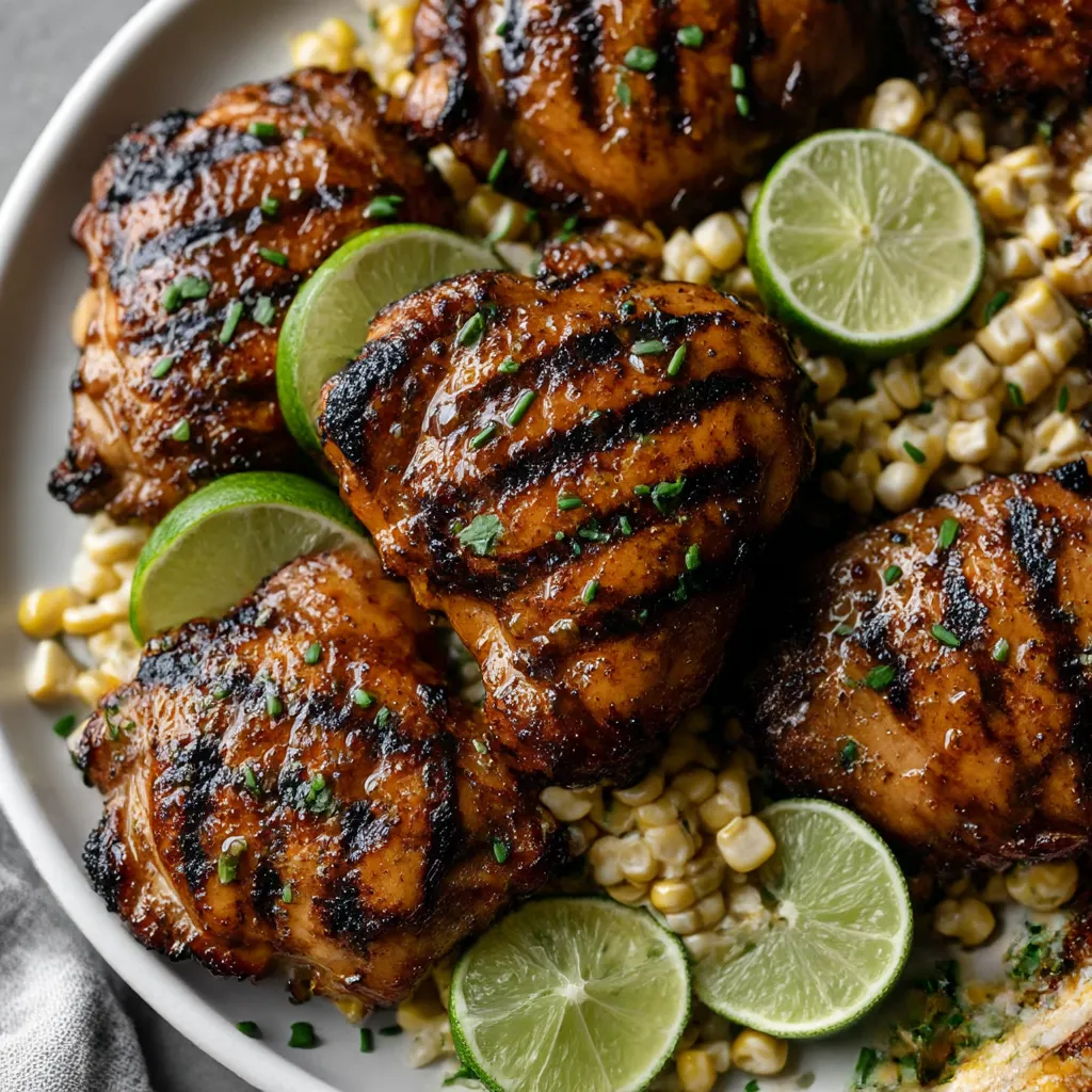 Grilled chicken with corn on the cob and lime wedges.