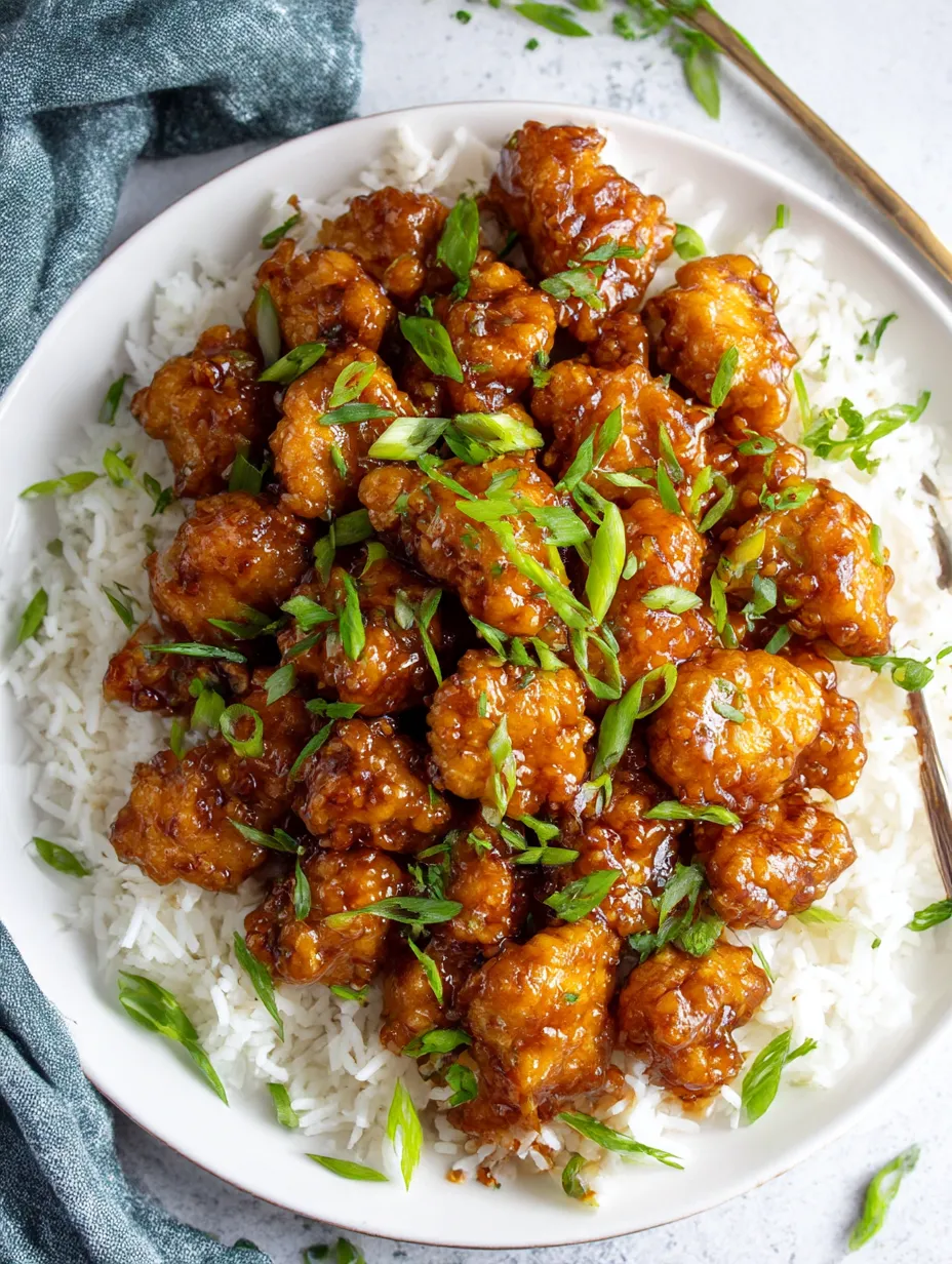 A plate of firecracker chicken with rice.