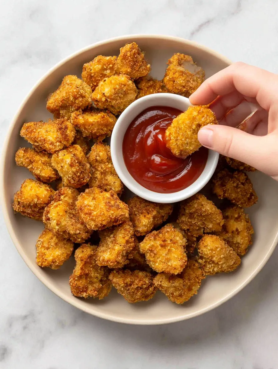 A person is holding a bowl of chicken nuggets.