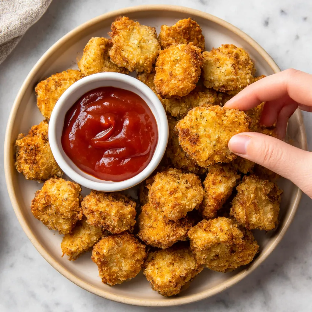 A plate of air fryer chicken nuggets.