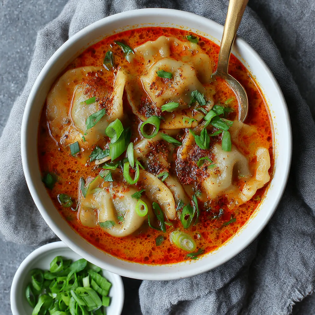 A bowl of soup with dumplings and green onions.