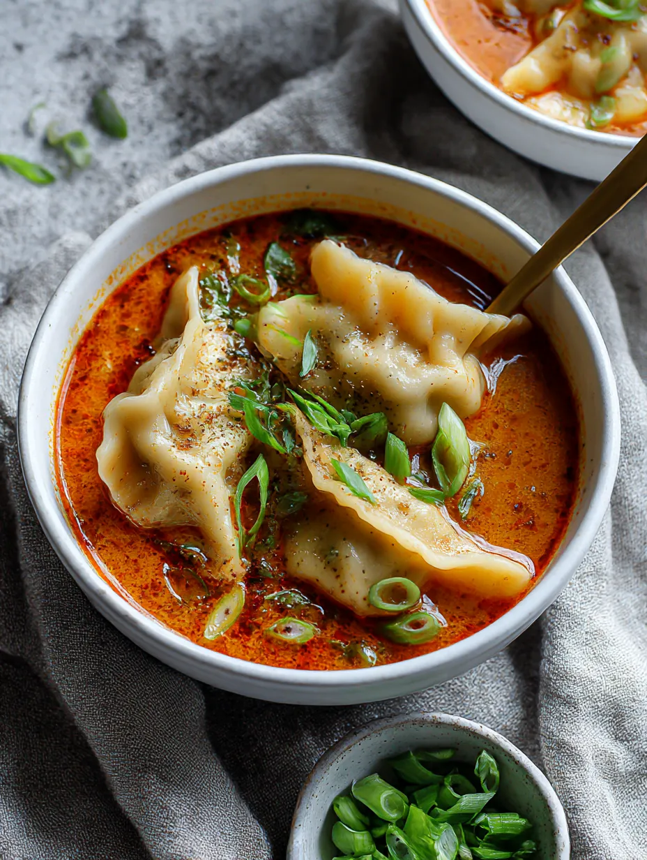A bowl of soup with dumplings and vegetables.