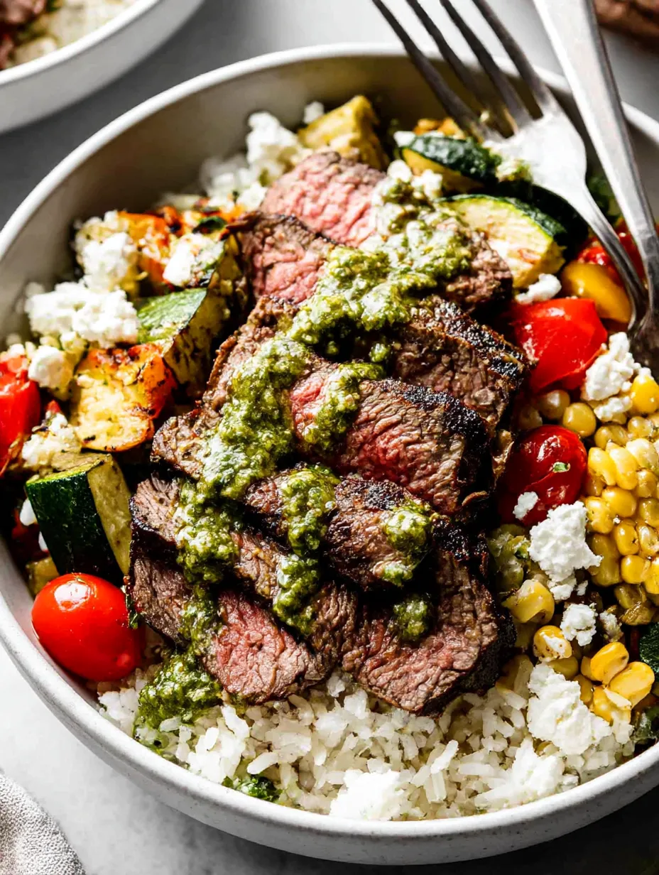 A bowl of grilled steak with chimichurri sauce.