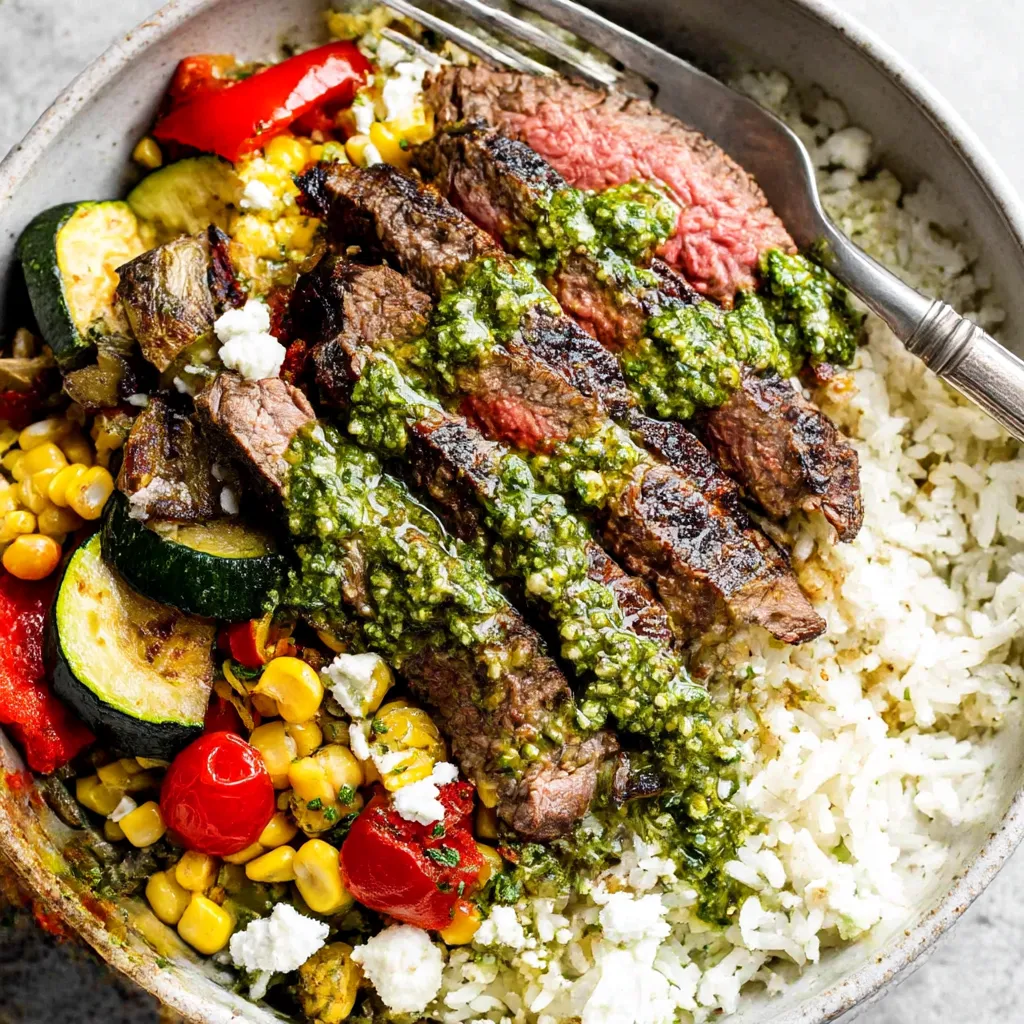 A bowl of grilled steak with chimichurri sauce.