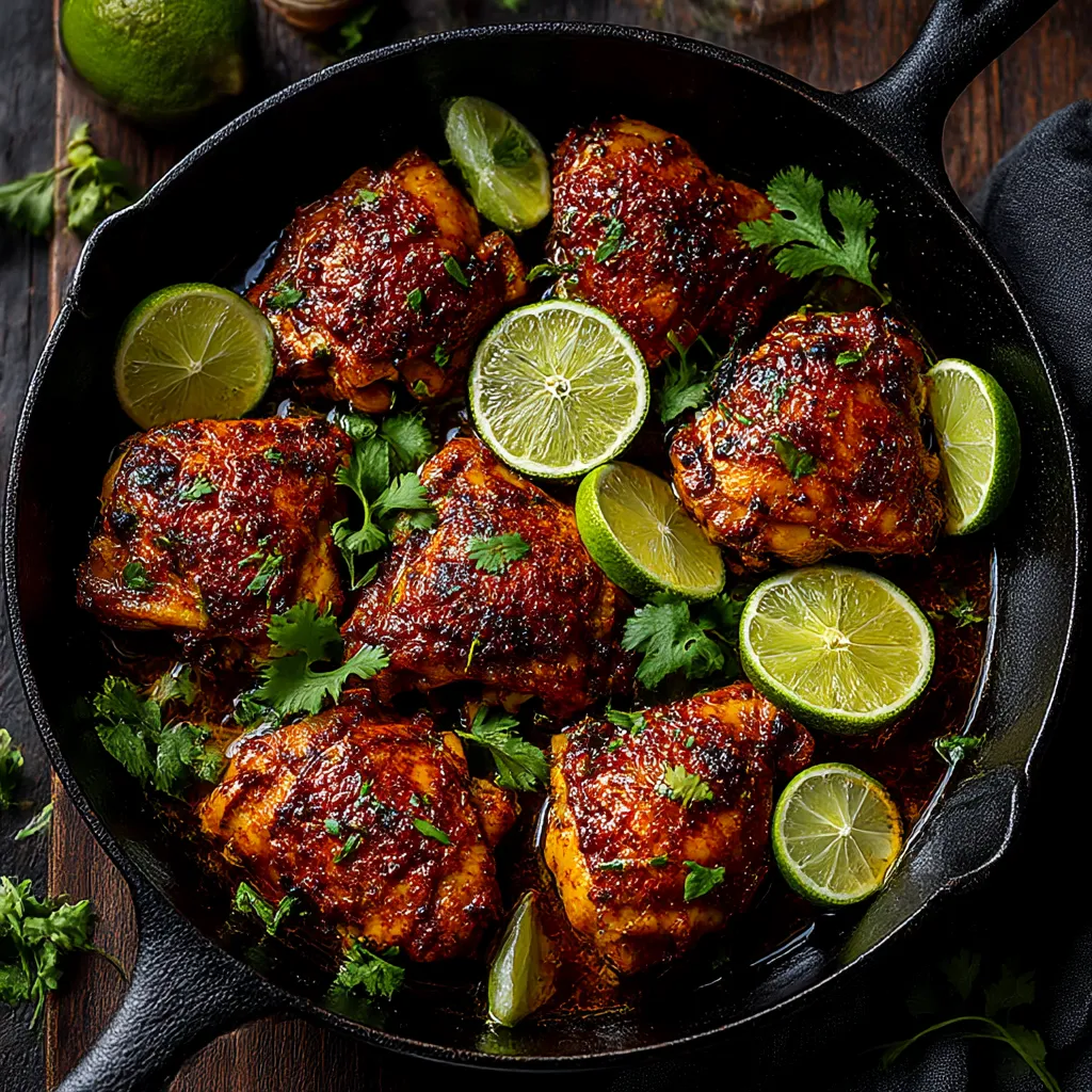 A pan of chili lime chicken with limes and green onions.