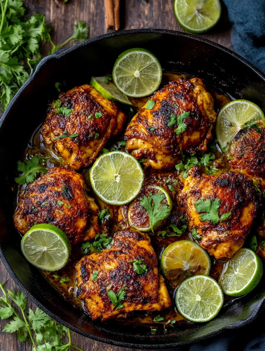 A pan of chili lime chicken with limes and green onions.