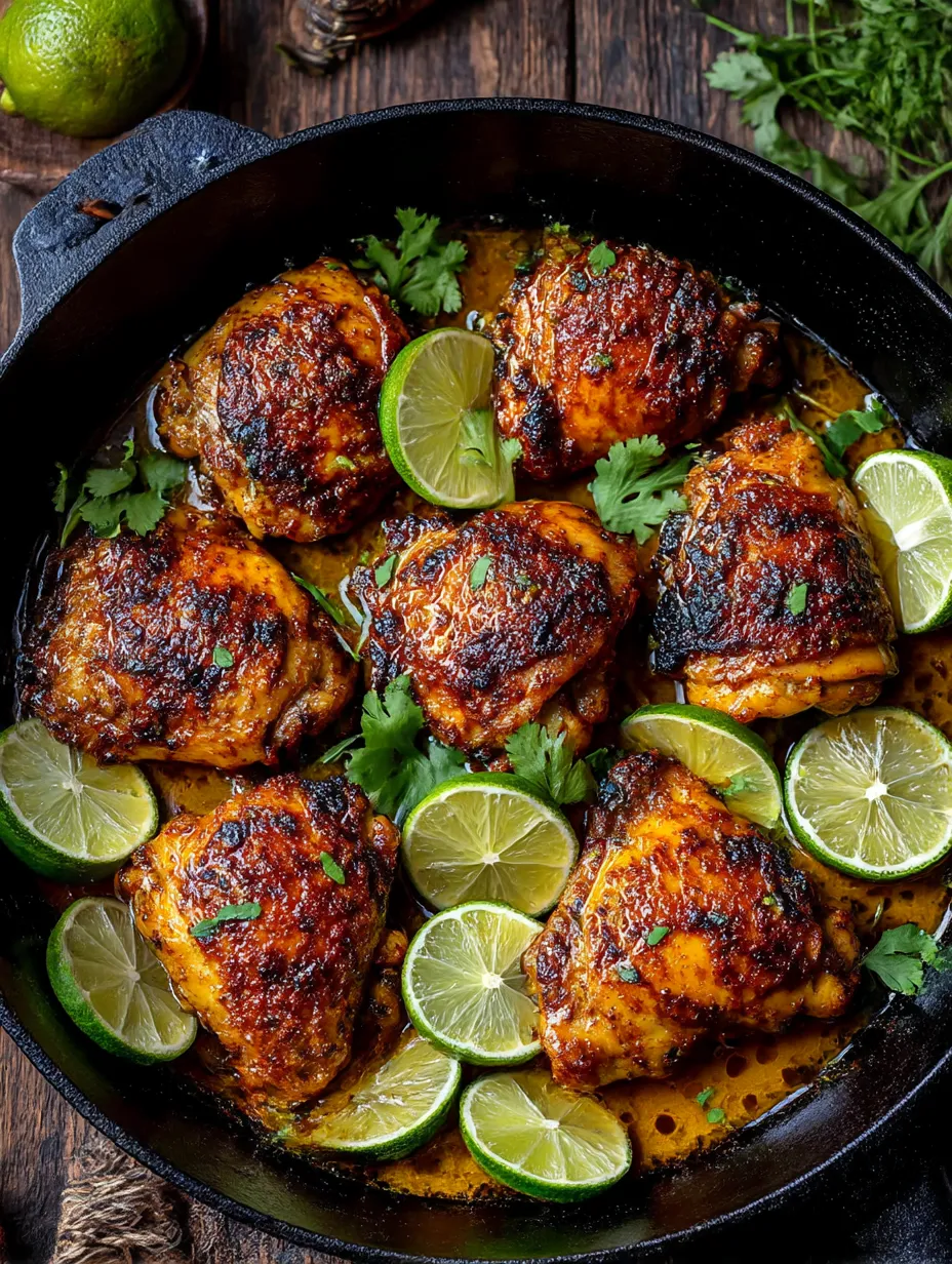 A pan of chili lime chicken with limes and green onions.