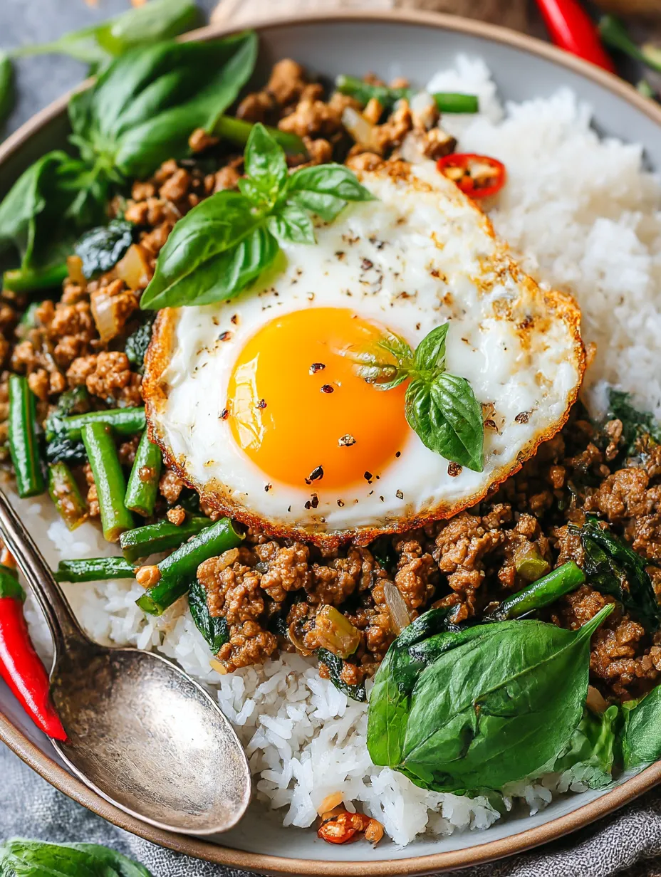 A plate of Thai Basil Chicken (Pad Krapow Gai) with rice and vegetables.