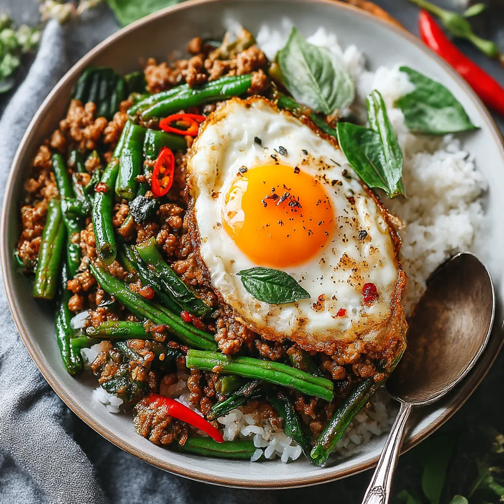 A plate of Thai Basil Chicken (Pad Krapow Gai) with rice and green beans.