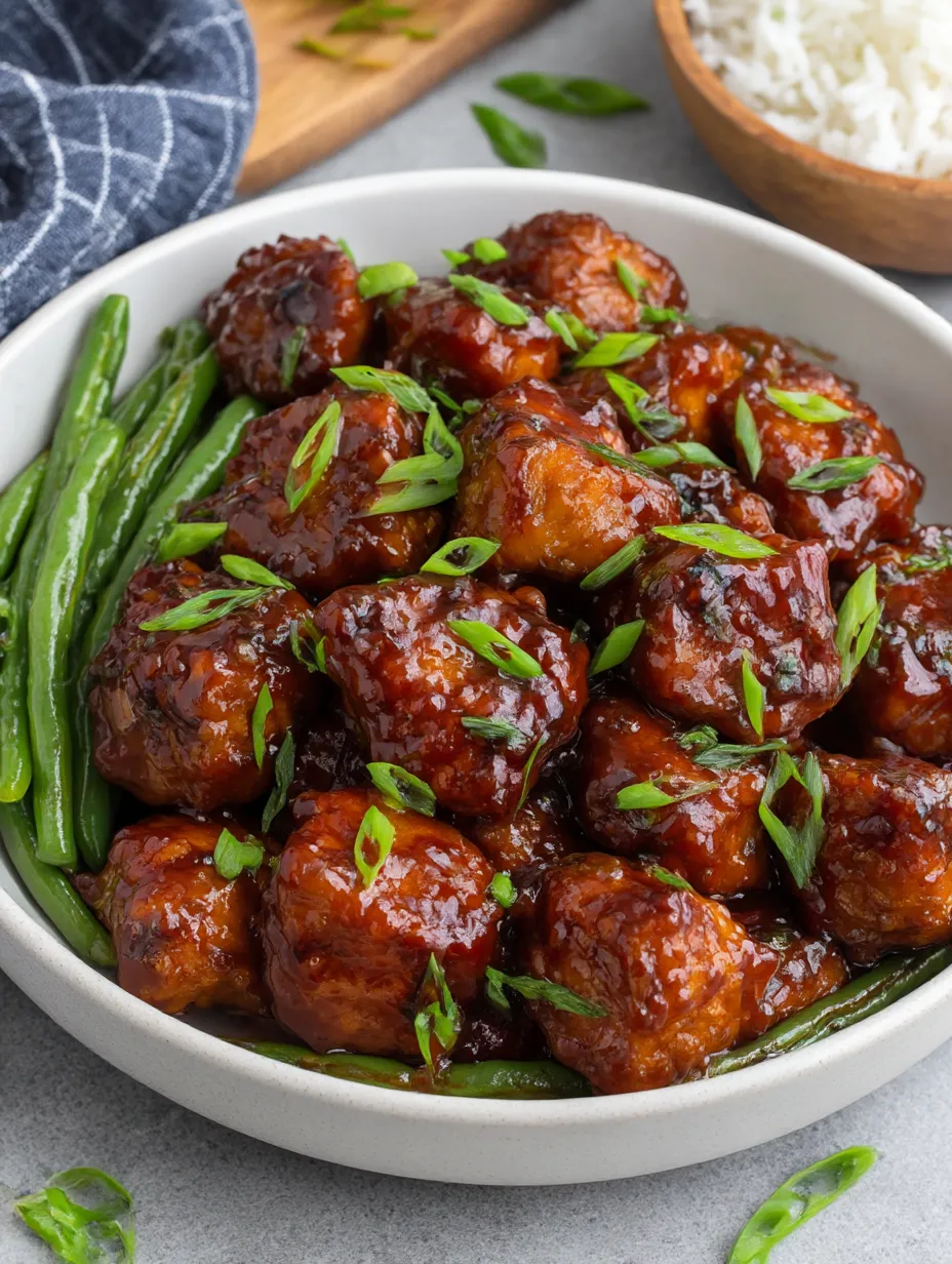A bowl of honey butter chicken with green beans.