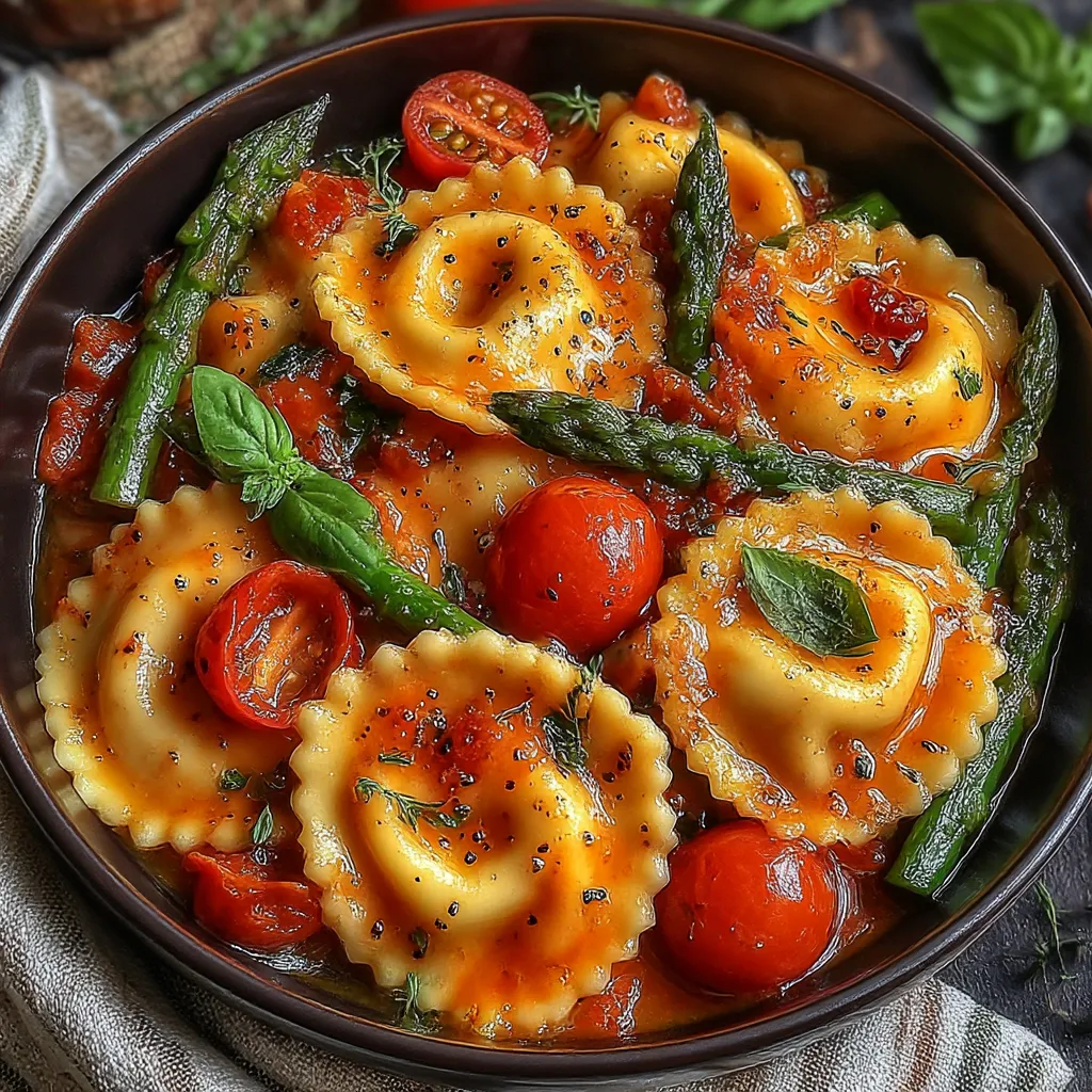 A bowl of pasta with tomatoes, asparagus, garlic, and herbs.