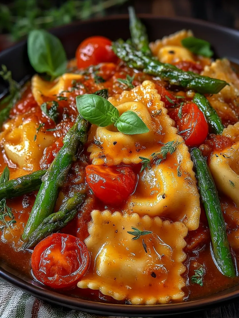A bowl of pasta with tomatoes, asparagus, garlic, and herbs.