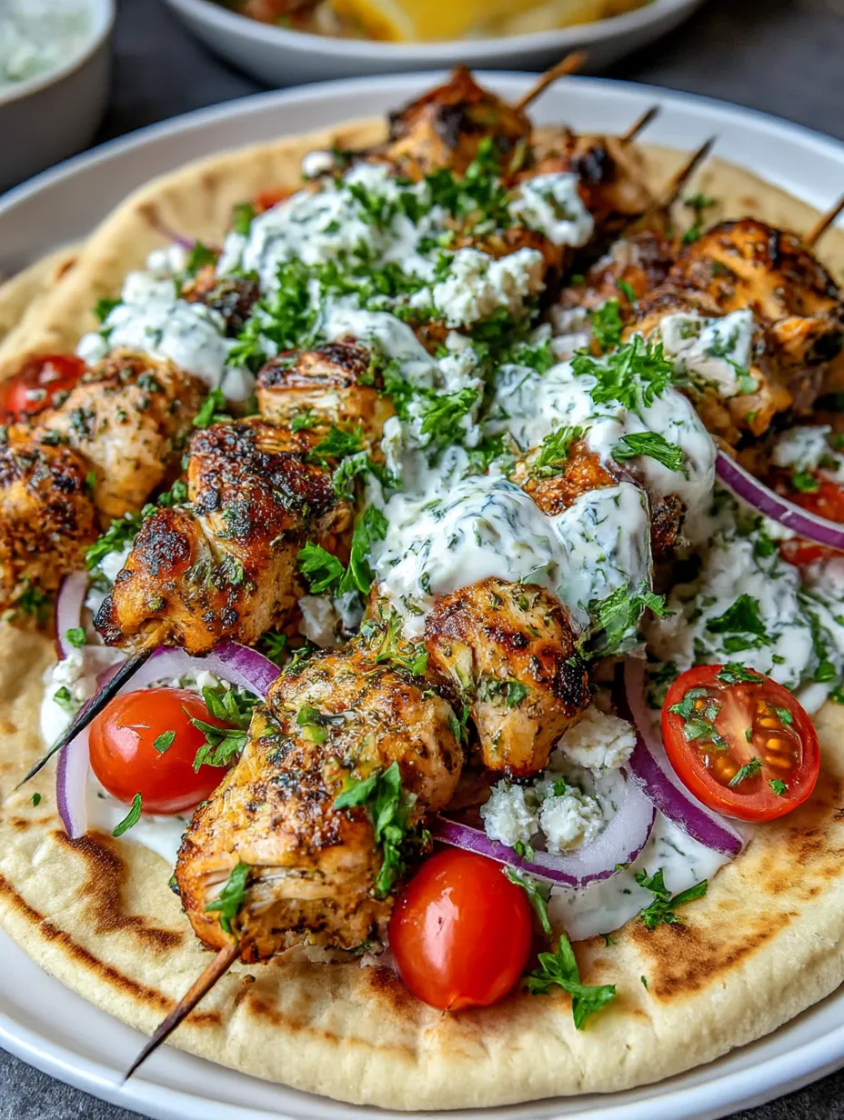 A plate of Greek chicken gyros with lemon-herb marinade and tzatziki.