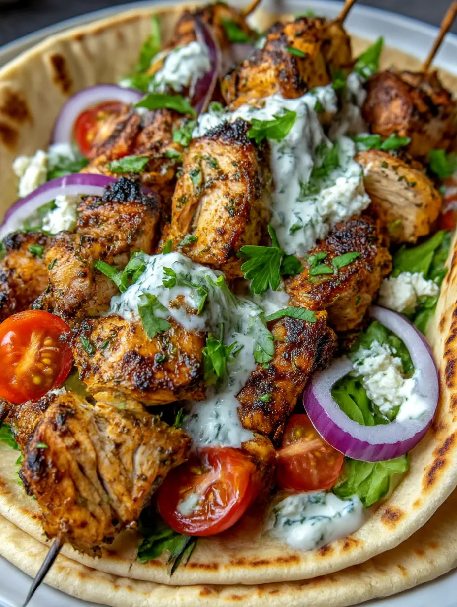 A plate of Greek chicken gyros with lemon-herb marinade and tzatziki.