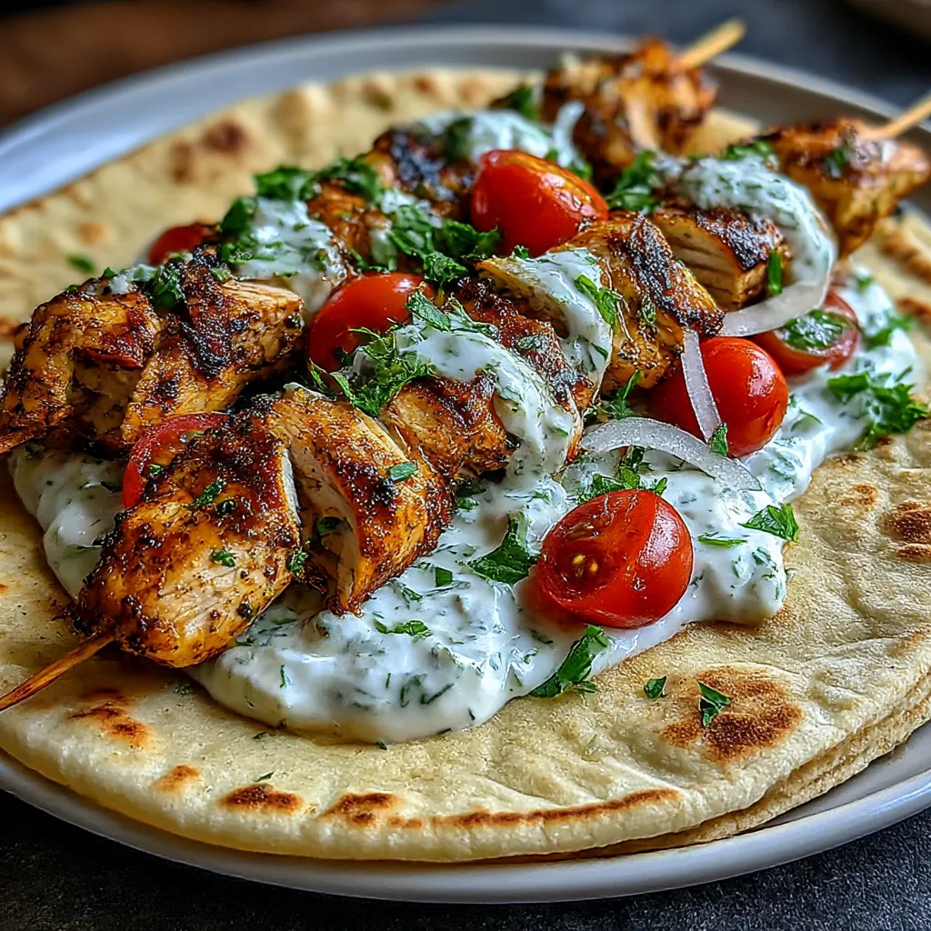 A plate of Greek chicken gyros with lemon-herb marinade and tzatziki.