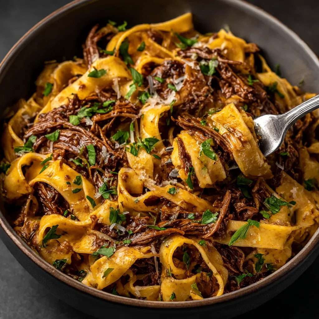 A bowl of short rib ragu with a fork.