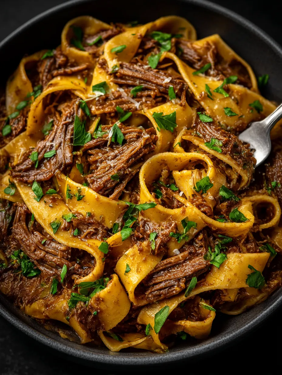 A bowl of short ribs with a fork.