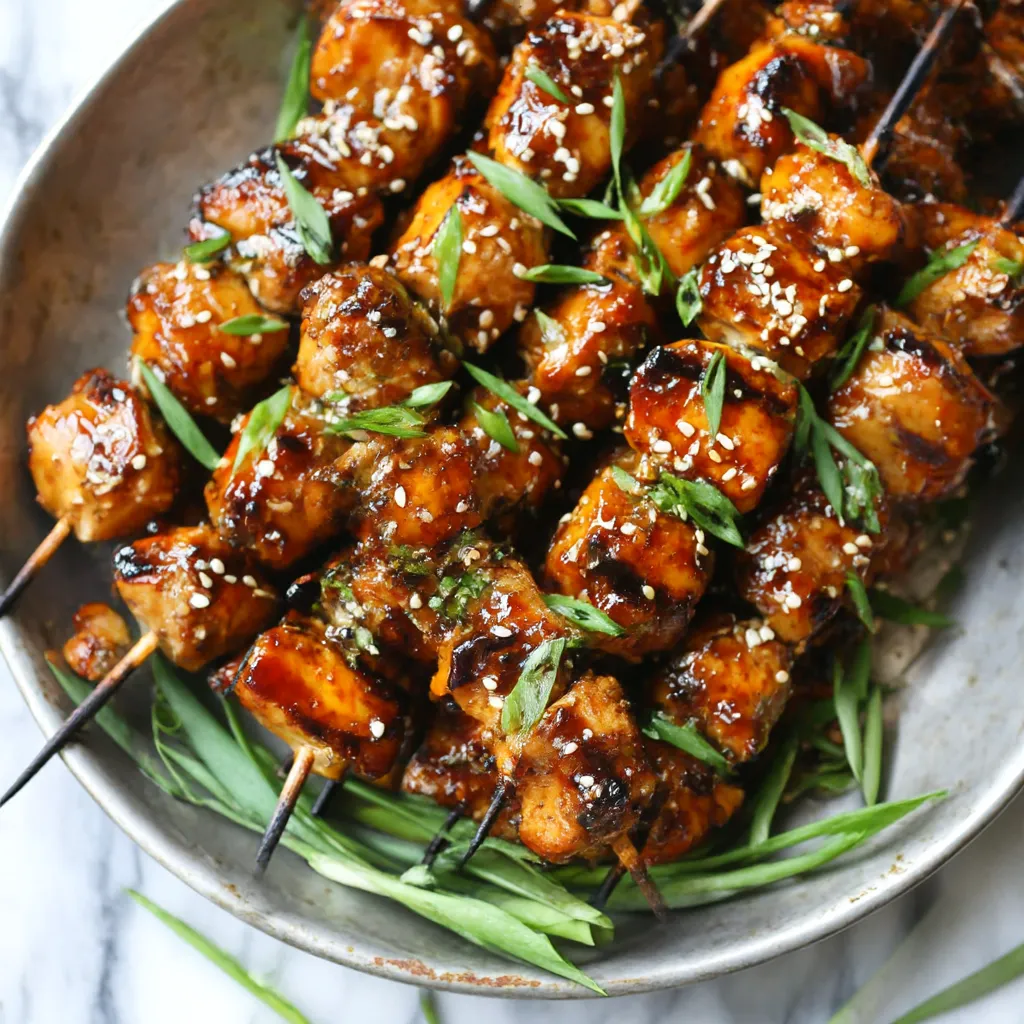 A plate of honey garlic Asian chicken kabobs.