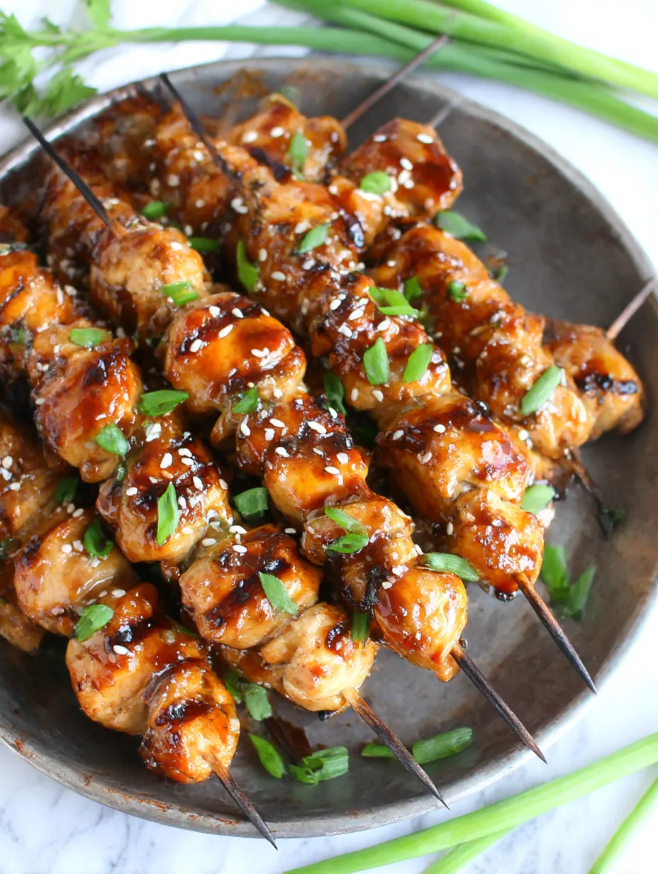 A plate of Asian chicken kabobs with honey and garlic sauce.