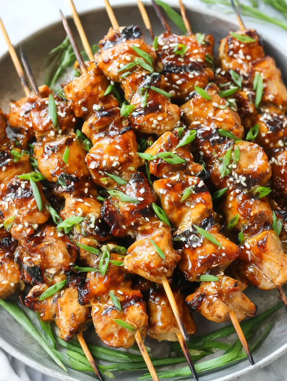 A plate of Asian chicken kabobs with honey and garlic sauce.