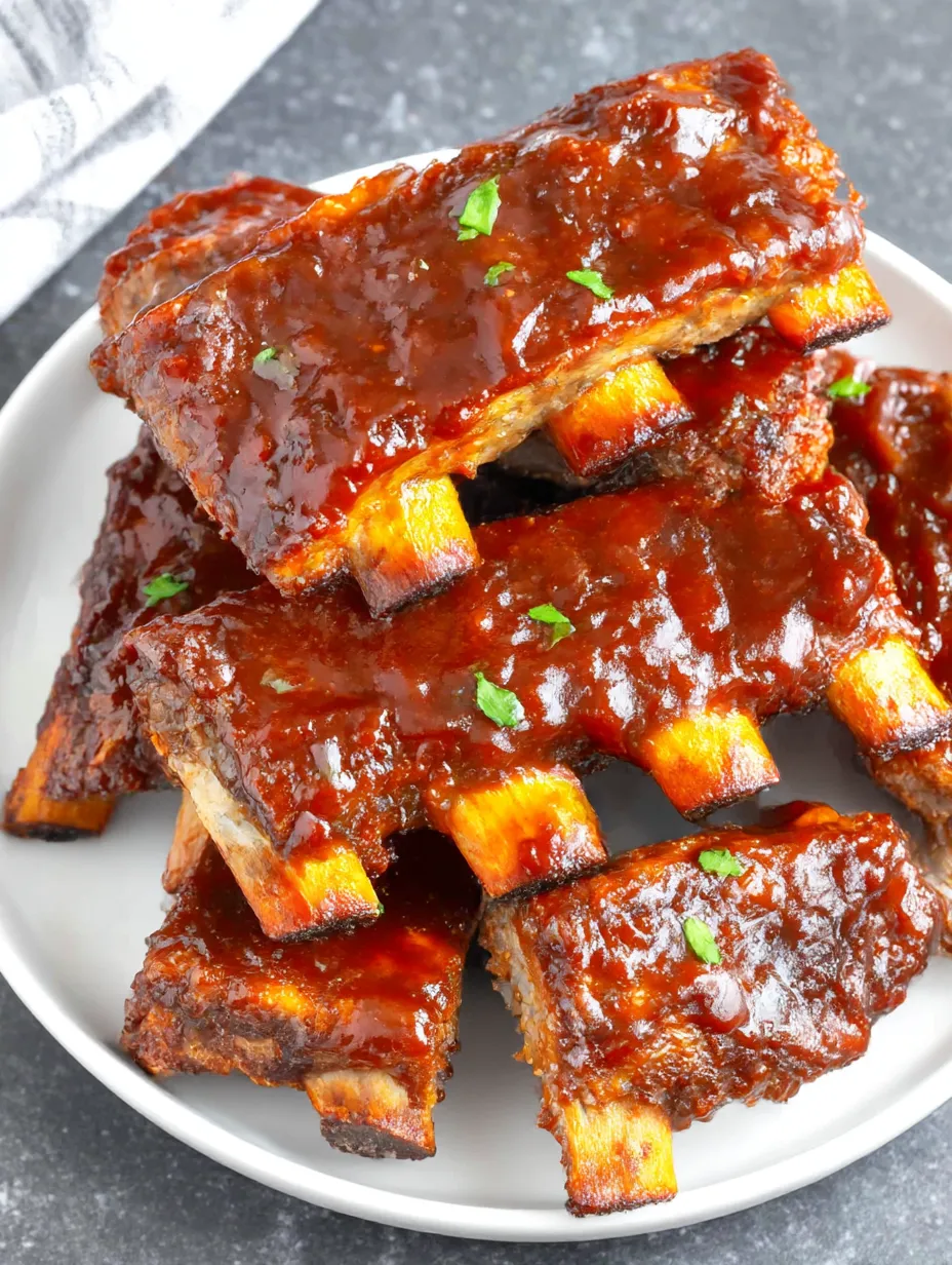 A white plate with BBQ ribs on it.