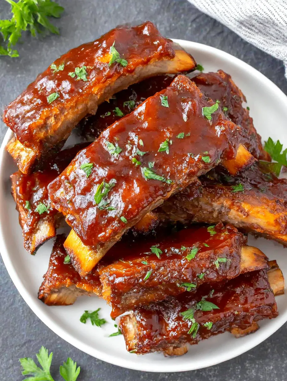 A white bowl filled with BBQ ribs.