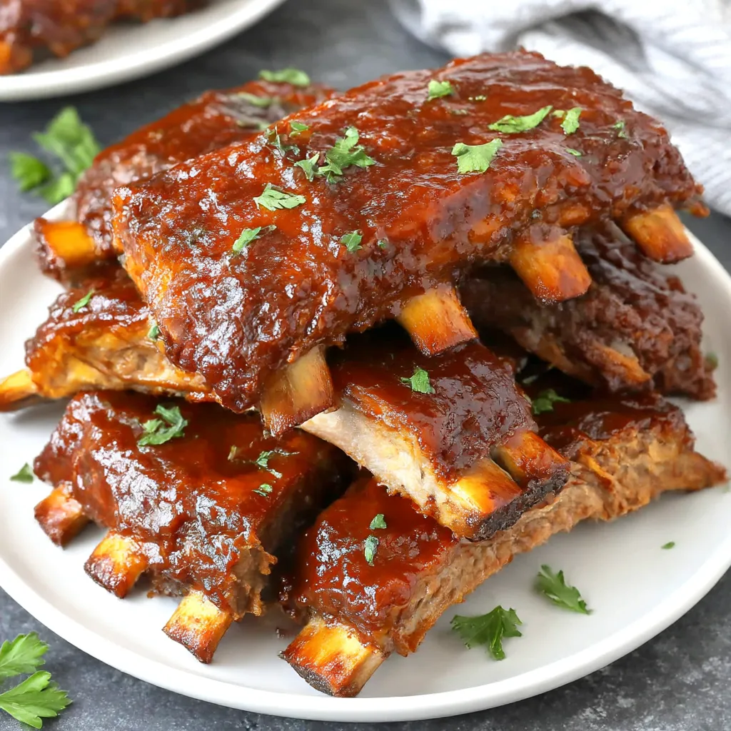 A white plate with BBQ ribs on it.