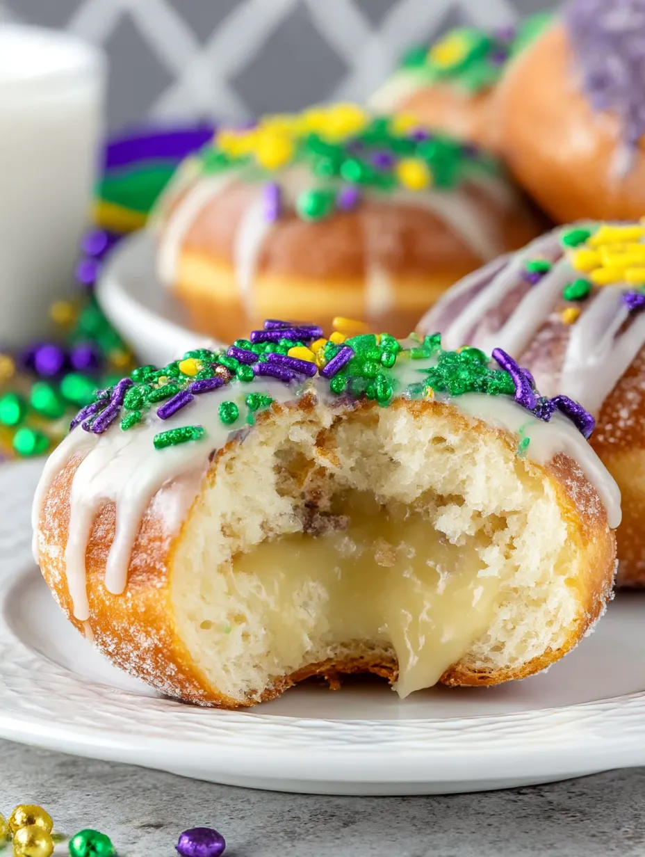 A plate of King Cake Bites with a bite taken out of one.