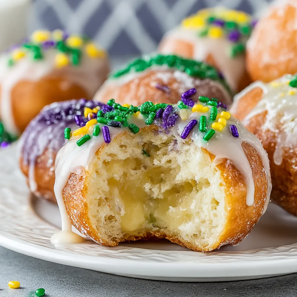 A plate of king cake bites with purple and yellow sprinkles.
