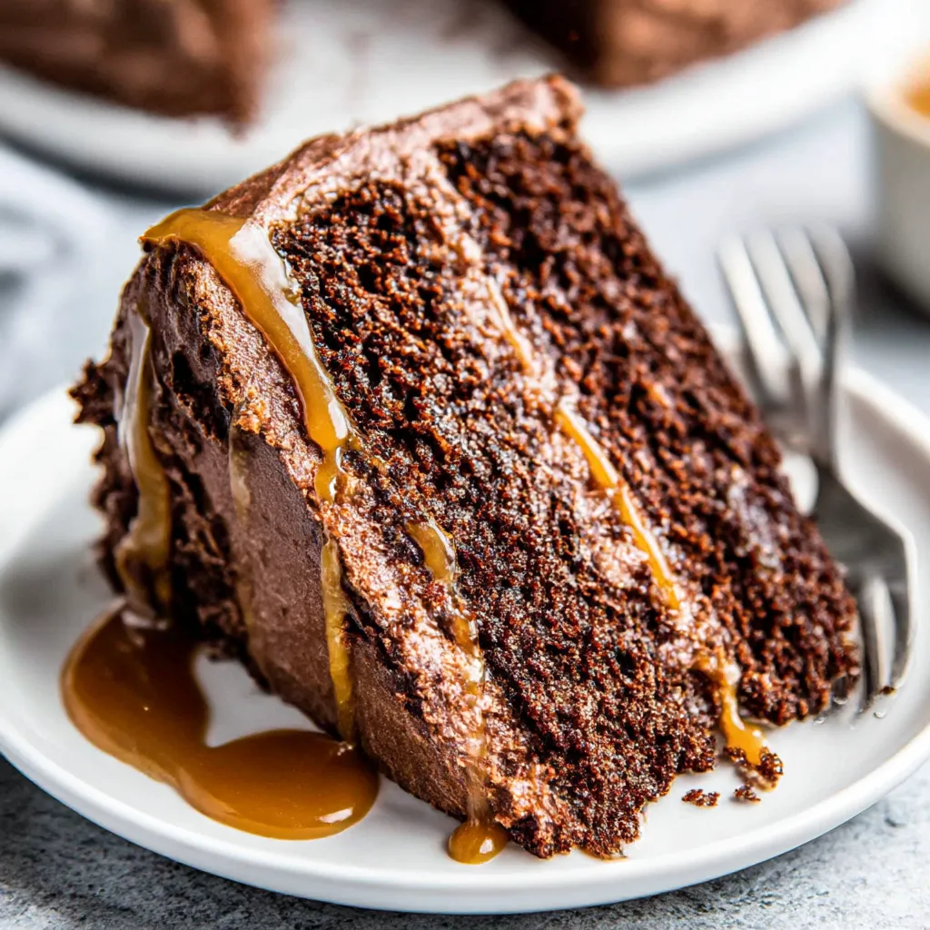 A slice of moist chocolate caramel cake on a plate.