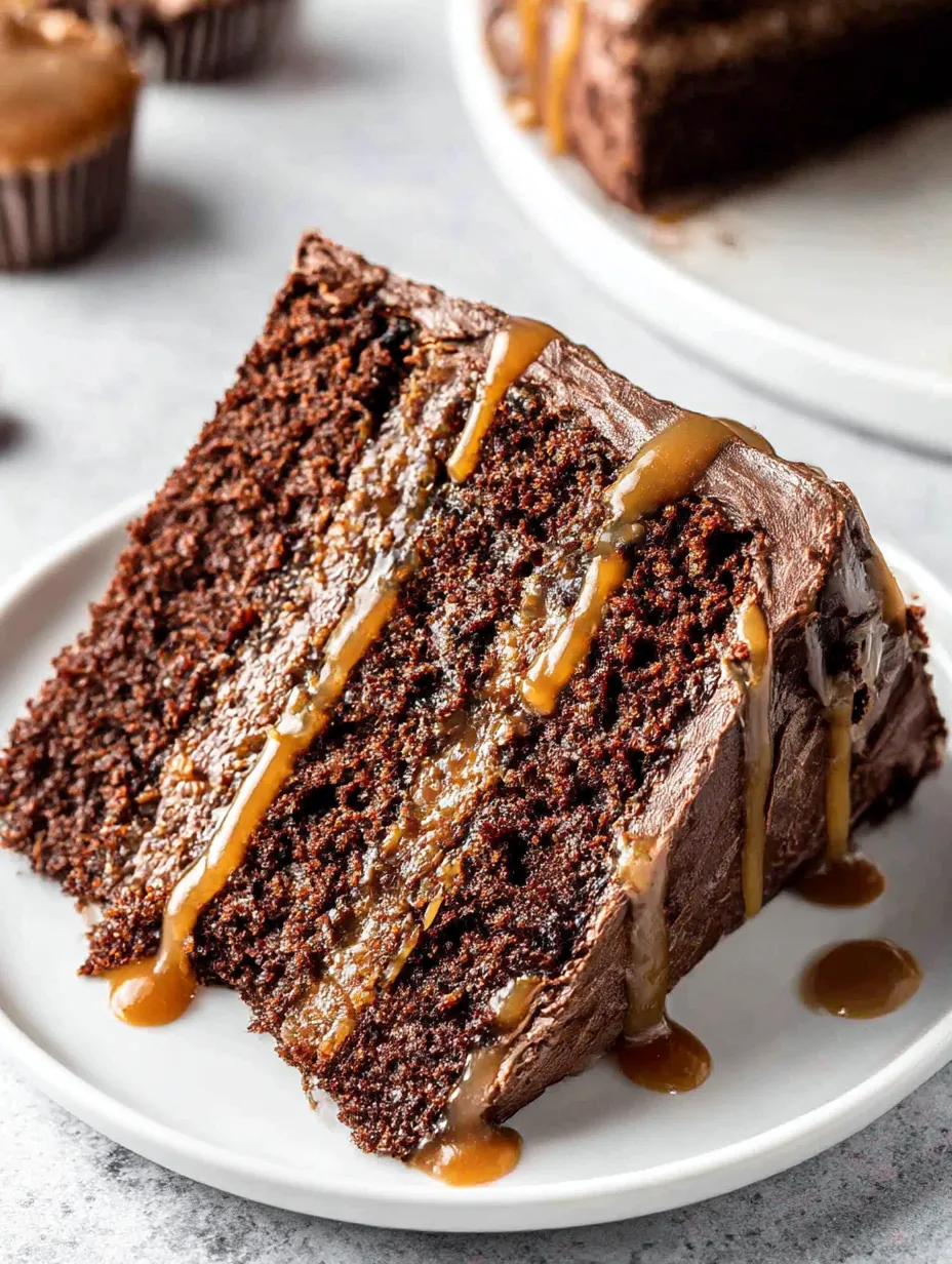 A slice of moist chocolate caramel cake on a plate.