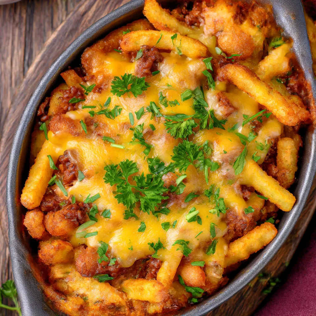 A bowl of food with cheese and chips.