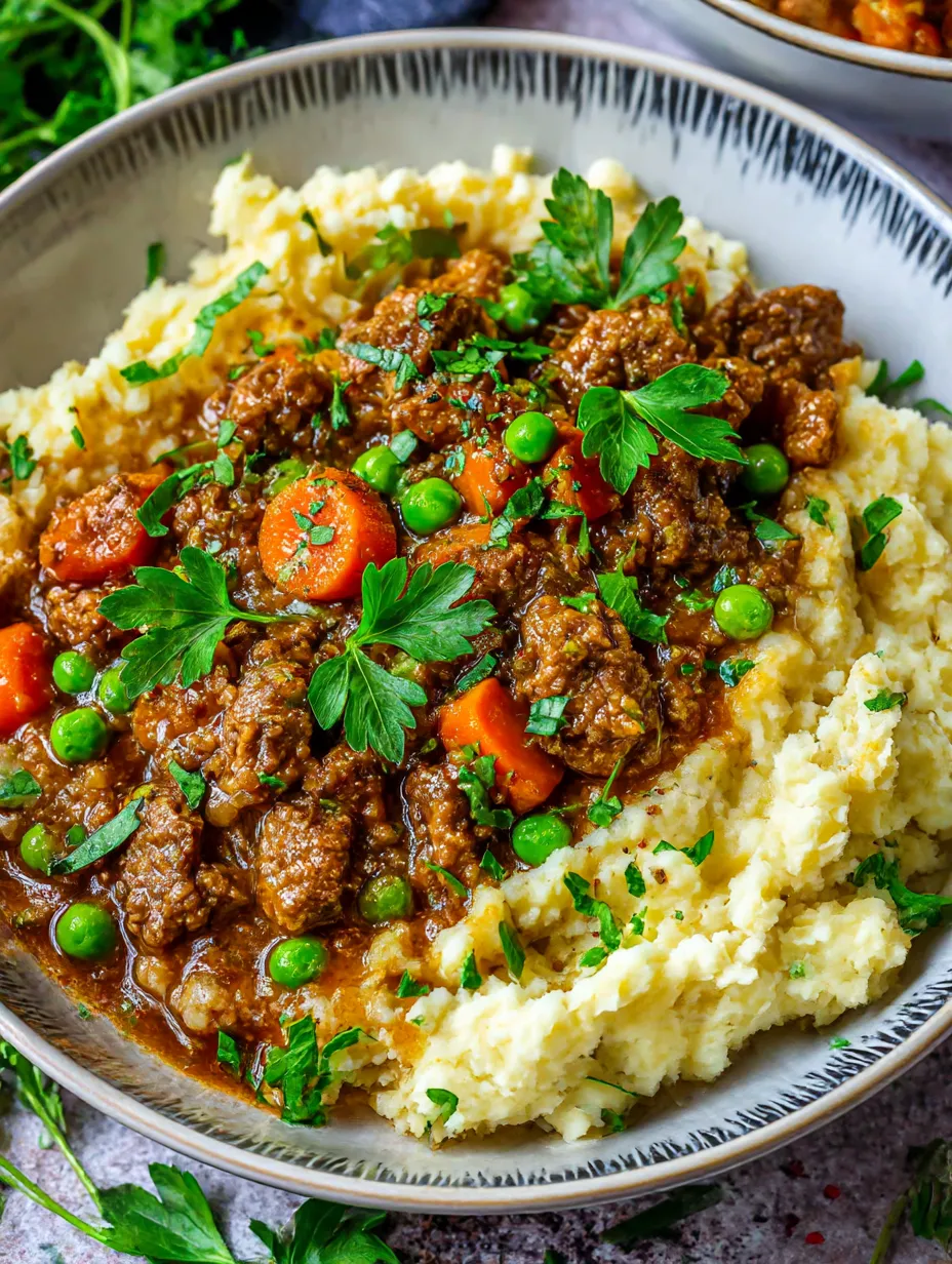 A close up of a deconstructed shepherd's pie.