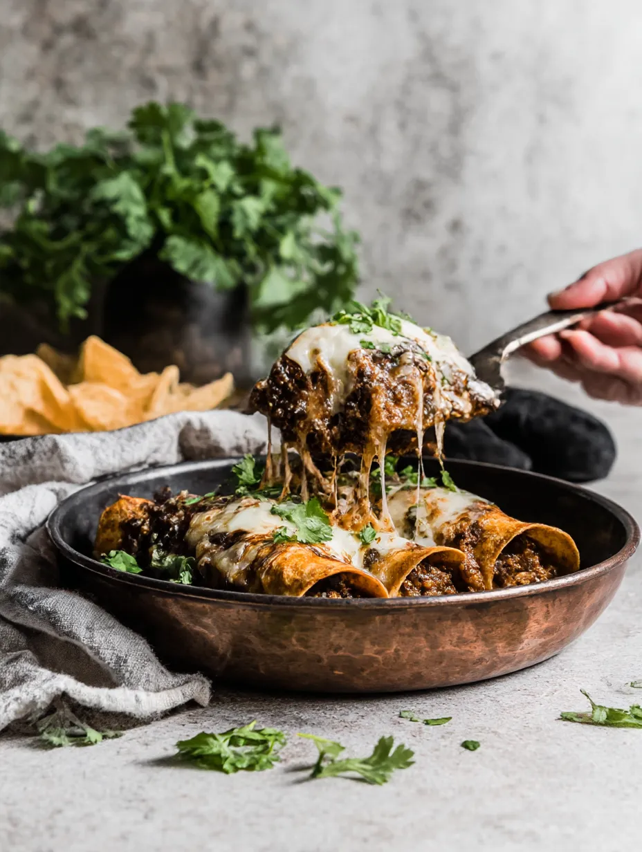 A person is holding a spoon over a plate of beef enchiladas.
