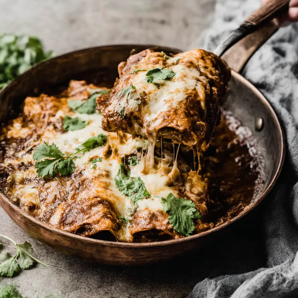 A close up of a delicious beef enchilada with cheese and sauce.