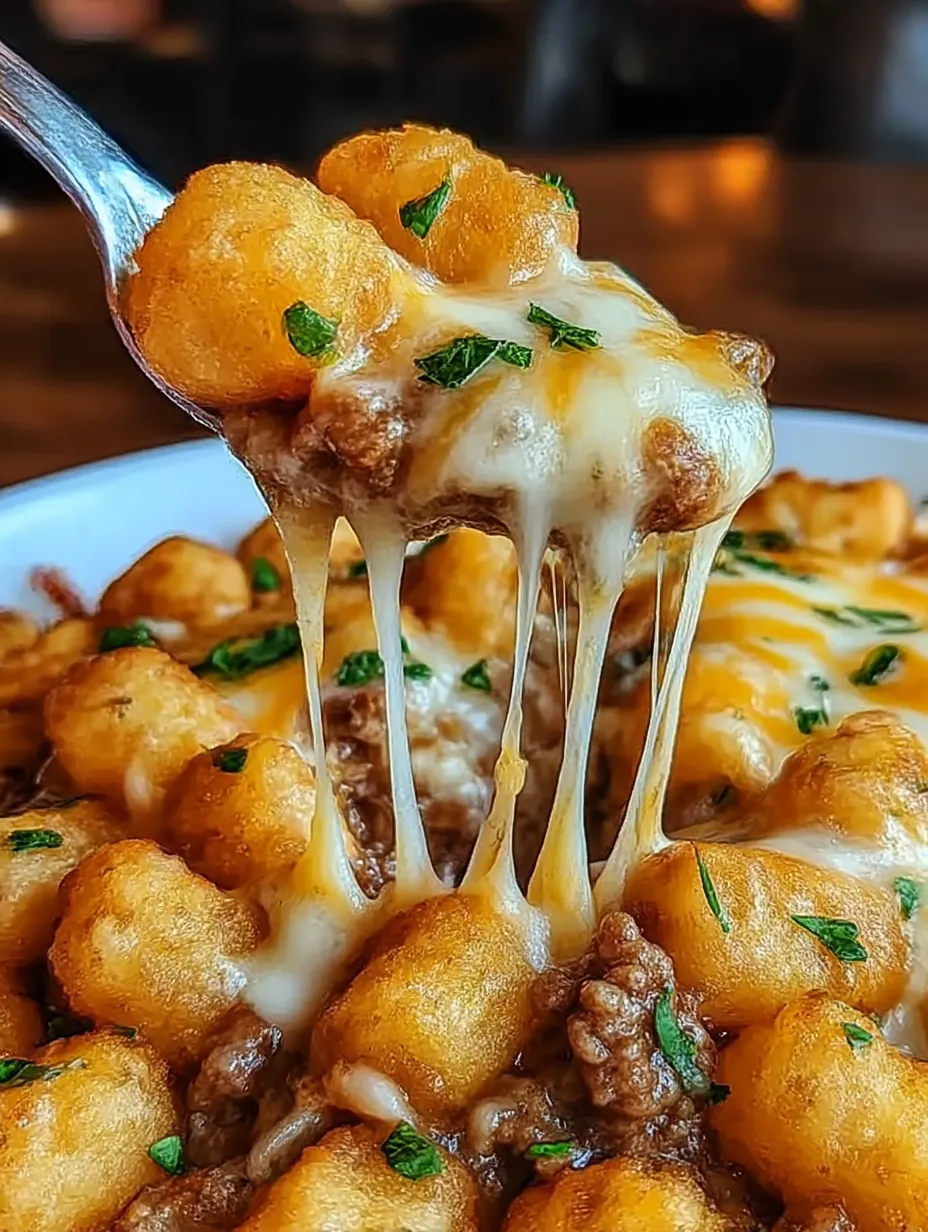 A close up of a cheesy tater tot casserole.